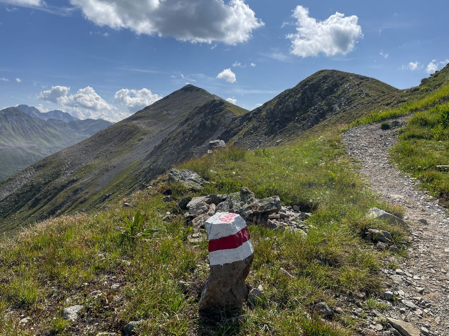 Un balisage récent borde le chemin de randonnée de montagne.