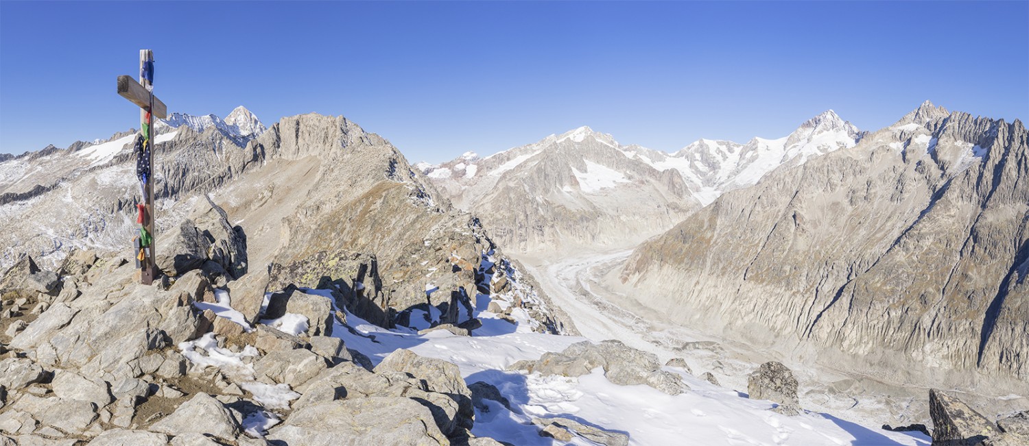 Aussicht vom Gipfel des Sparrhorns mit Aletschhorn und schuttbedecktem Oberaletschgletscher. Bild: Andreas Wipf