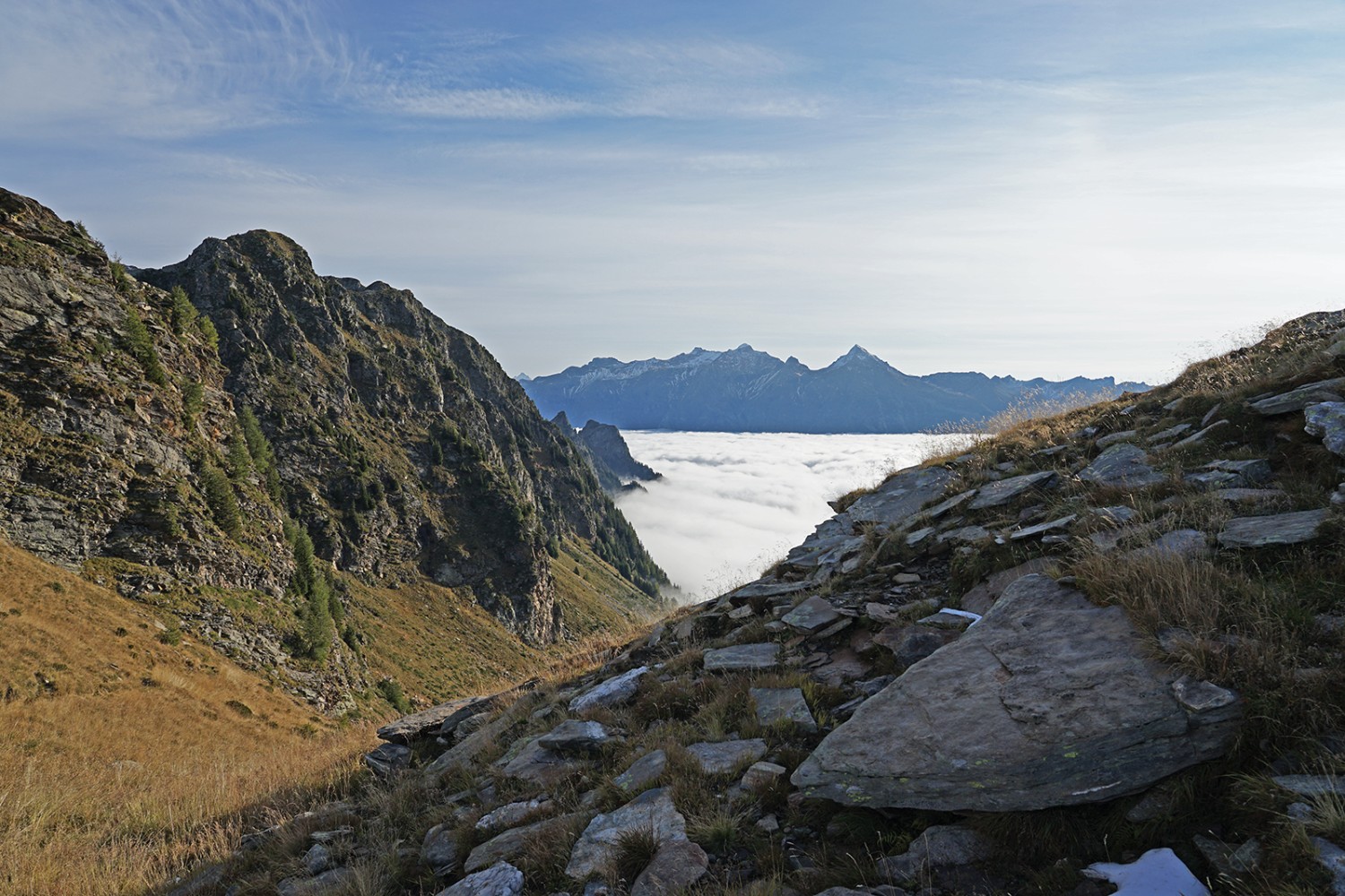 Vue du Pass de Buffalora vers le Val Mesolcina avant que le chemin ne retourne dans le Val Calanca.