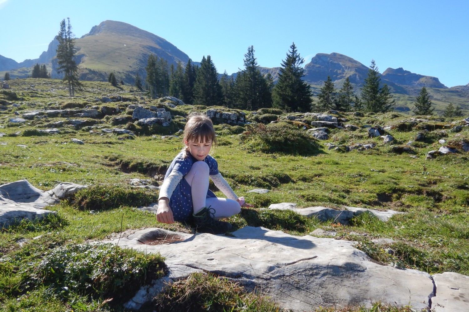 Le sommet est encore loin. C’est le moment de préparer une soupe fortifiante dans la petite cuvette d’une plaque karstique. Photo: Susanne Frauenfelder