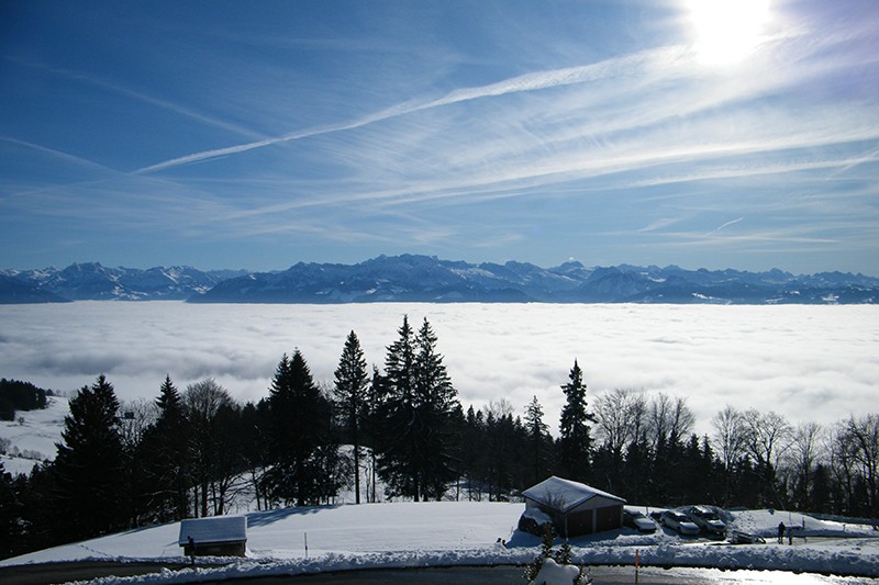 Blick vom Bachtel auf die Berner Alpen.     Bild: Maria Zachariadis