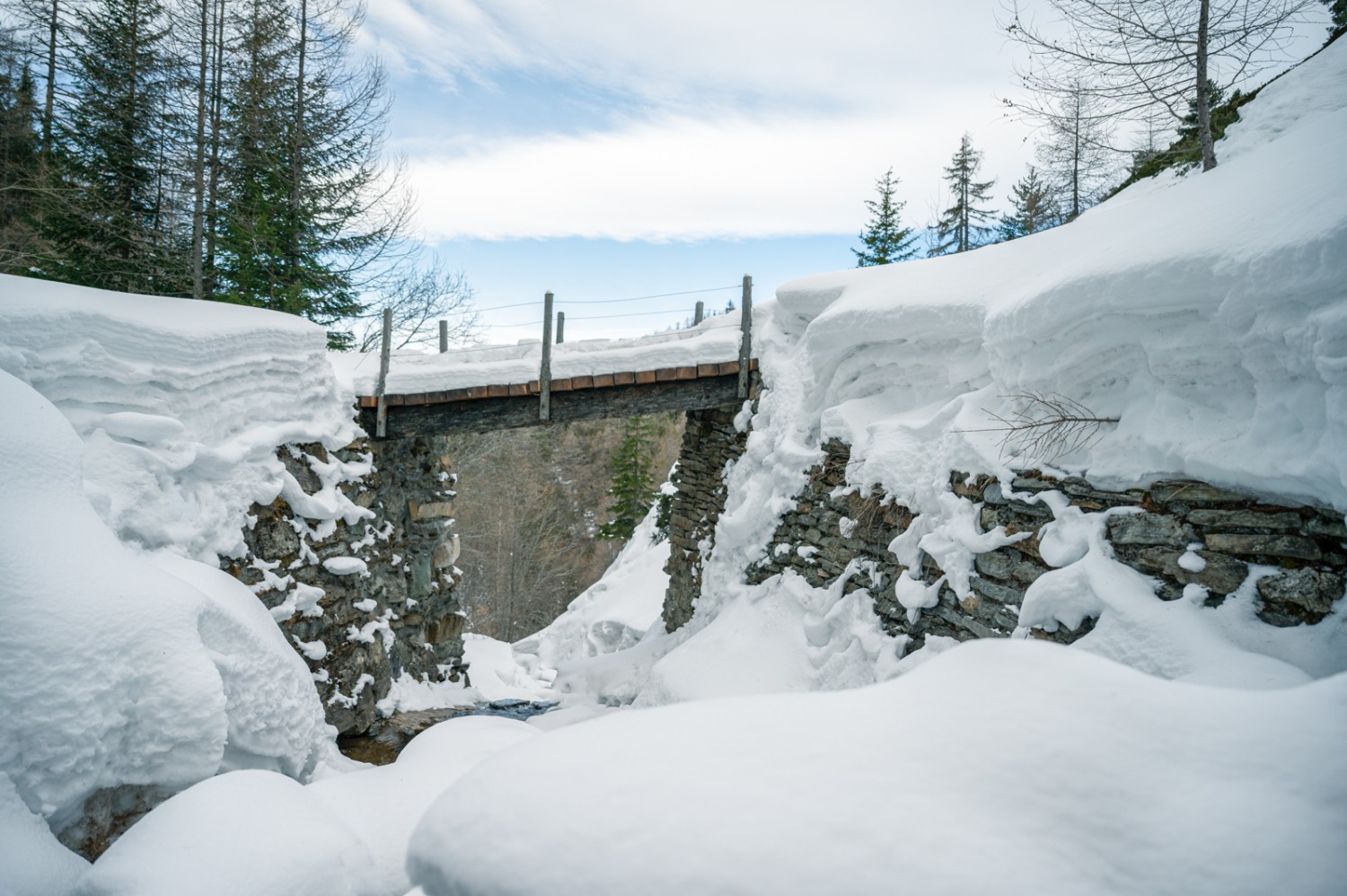 La partie traversant la forêt se termine par le passage de ce pont. Photo: Jon Guler  