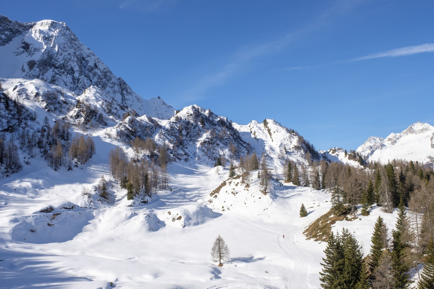 Le chemin de randonnée hivernale serpente jusqu’aux abords de Pesciüm. Photo: Iris Kürschner