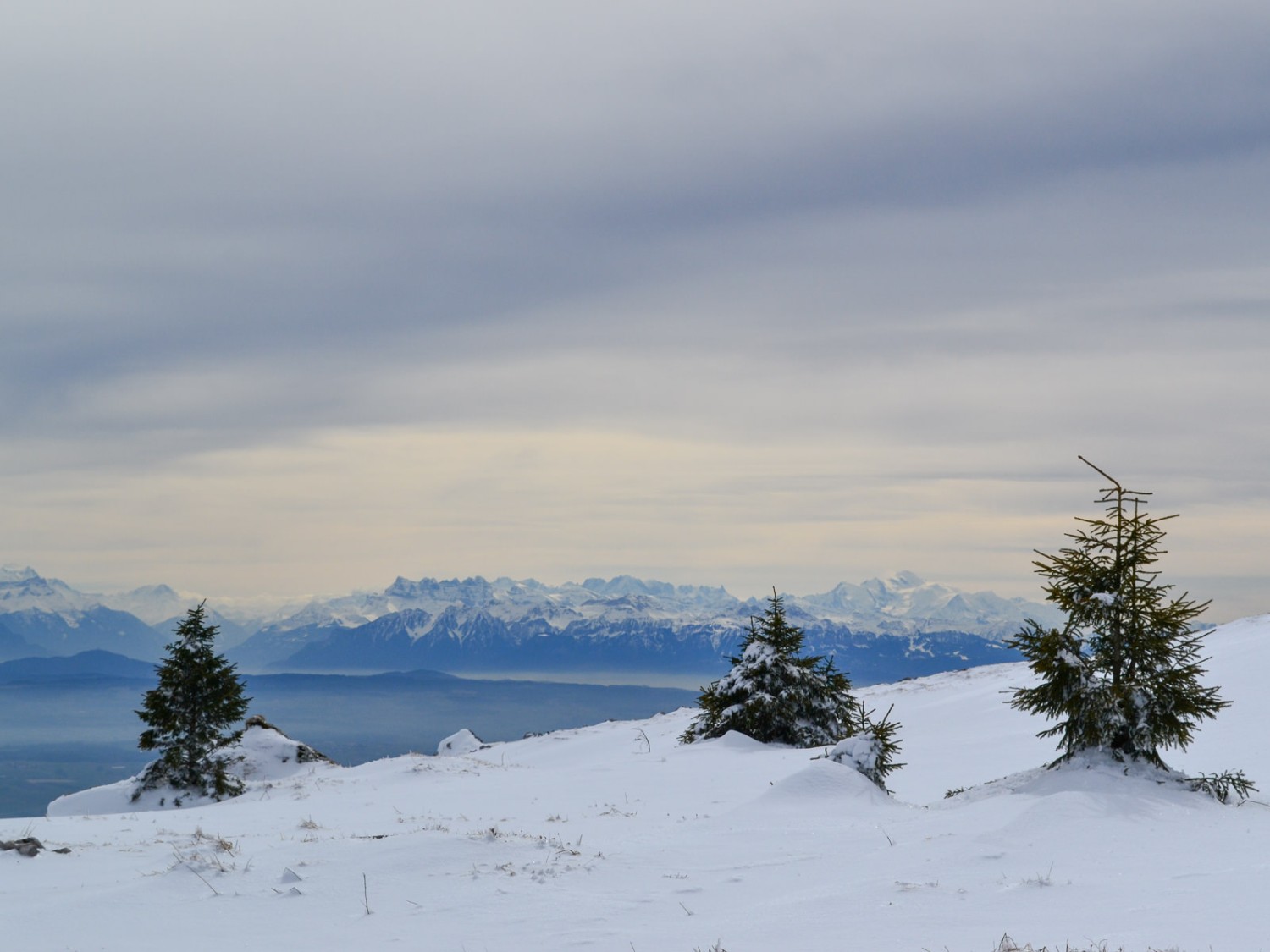 Ambiance hivernale avec vue sur les Alpes valaisannes et savoyardes, dont le Mont Blanc et les Dents du Midi. Photos: Sabine Joss
