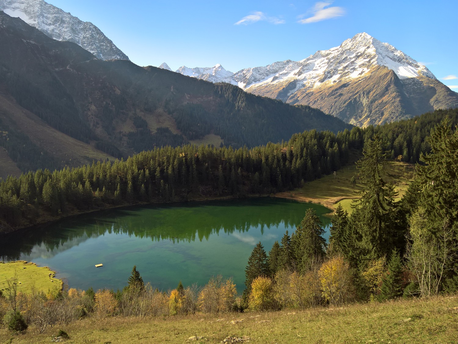 Les prés situés au bord du lac Golzerensee permettent de se reposer confortablement. 