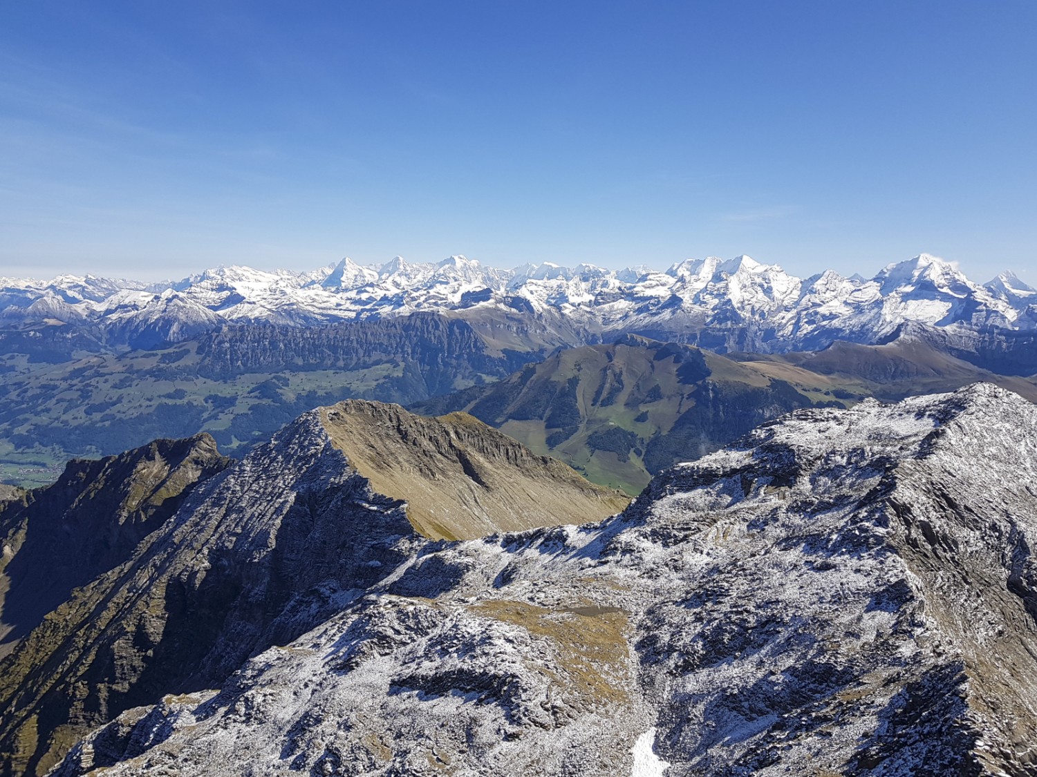 La vue porte jusqu’aux Alpes de Suisse centrale. Au milieu de la photo, l’Eiger, le Mönch et la Jungfrau. Photo: Patricia Michaud