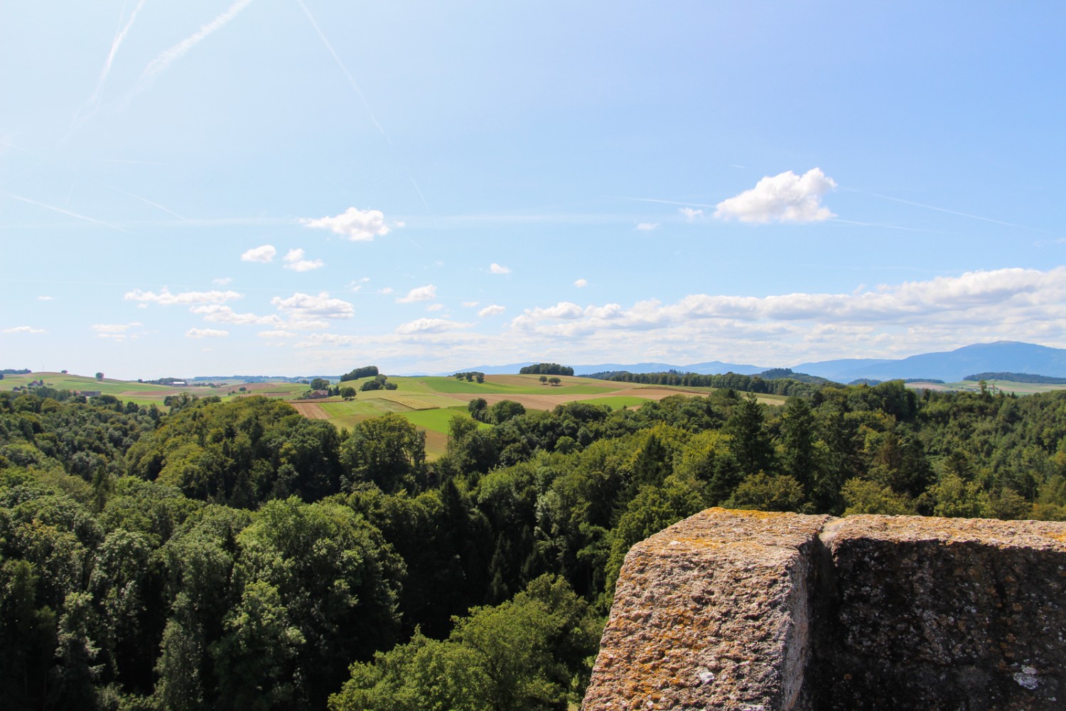 Vestiges d’une seigneurie médiévale: du haut de la Tour Saint-Martin, la vue sur les champs alentour et le Jura est magnifique. Photo: Alexandra Blatter 