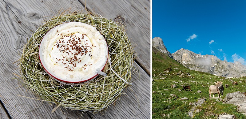 A gauche: sur l’Alp Oberfeld, le café arrosé est servi dans du foin. A droite: pâturage sur la Bannalp.