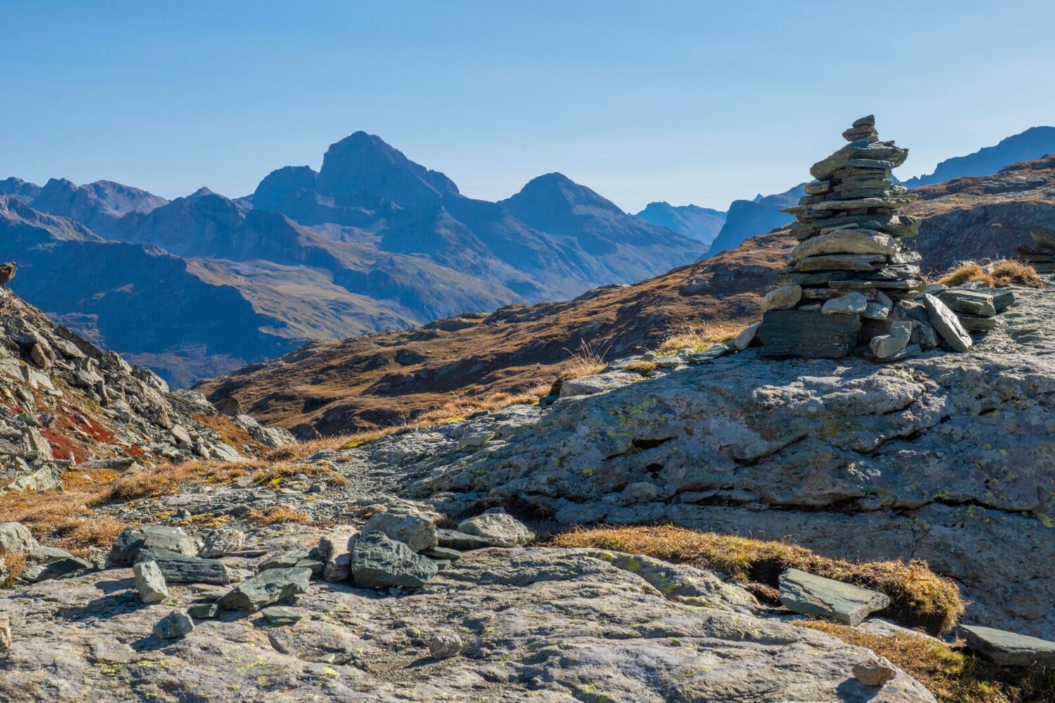 Herbstfarben auf dem Stallerberg. Hinten der Piz Julier.