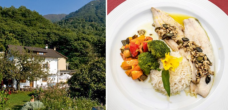 Vue sur l’Hôtel-restaurant Sass da Grüm; à droite, filets de corégone, riz et légumes en qualité bio.
