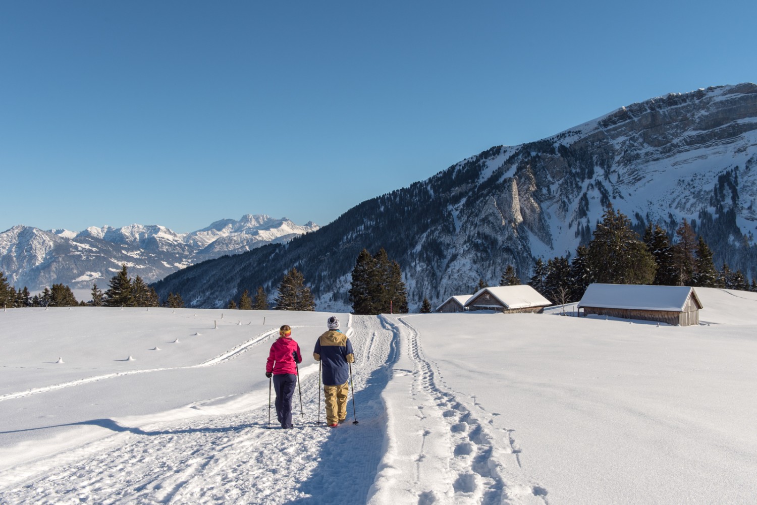 En chemin vers Gamperfinboden, la vue se déploie sur les sommets du Vorarlberg.