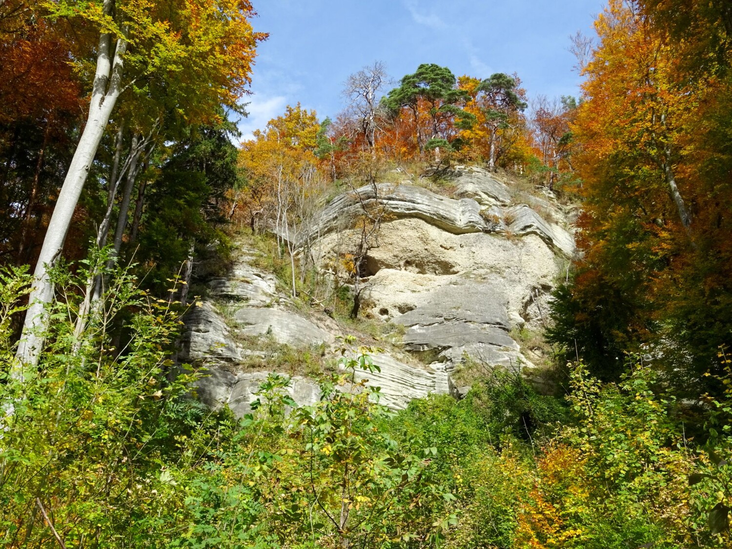 Von Eis und Wasser bearbeitete Sandsteinfelsen. Die tiefe Gletscherschlucht im Gürbetal wurde nach den Eiszeiten von Schmelzwasserbächen wieder aufgefüllt.