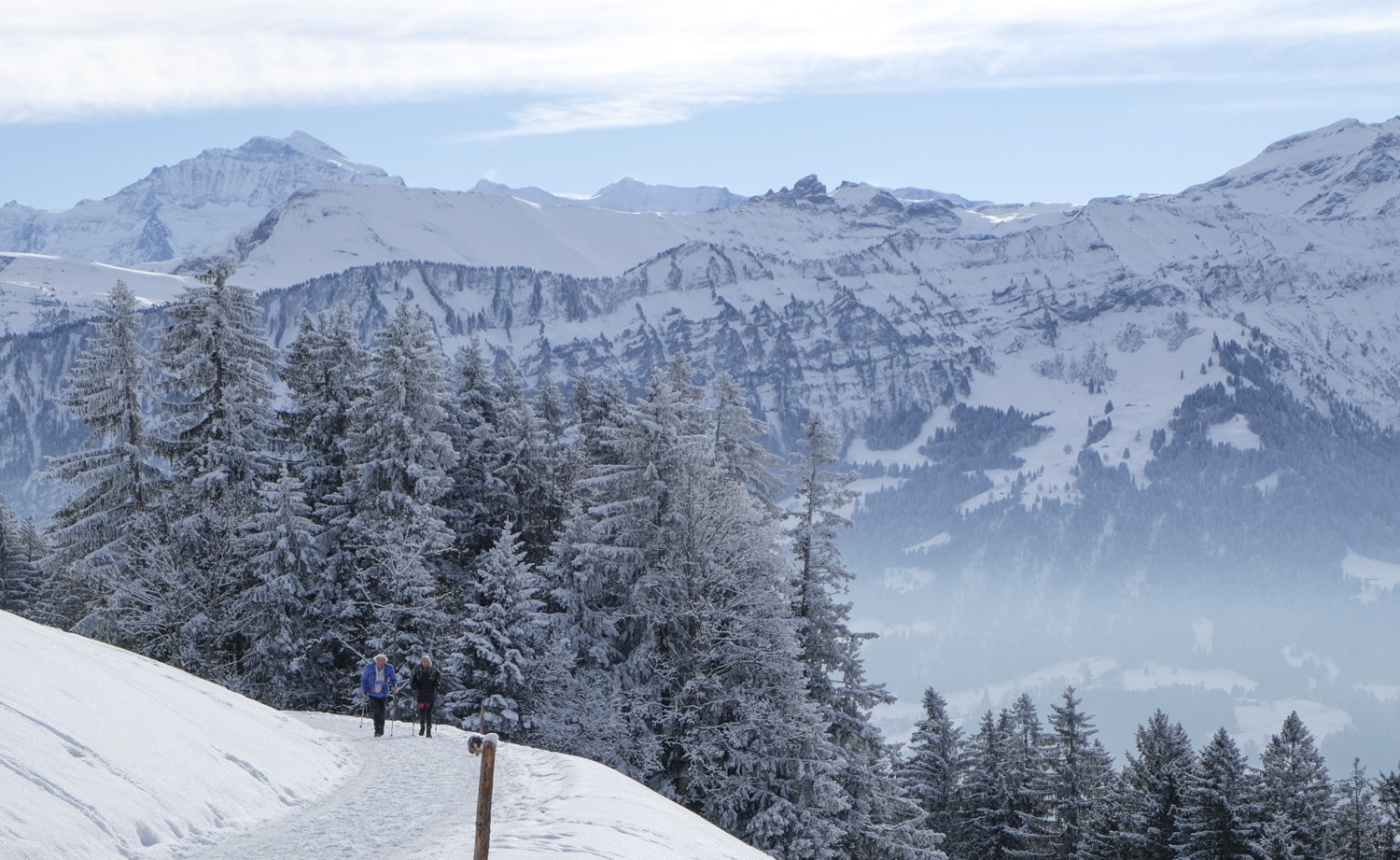 Une randonnée avec vue sur les Alpes bernoises. Au centre, les Lobhörner. Photo: Elsbeth Flüeler