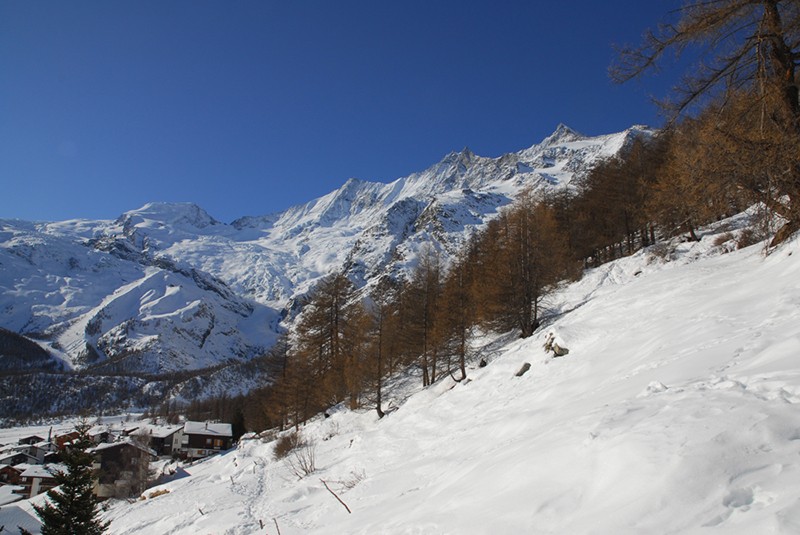 Immer wieder blickt man zu den Eisriesen, die Saas Fee umkränzen.