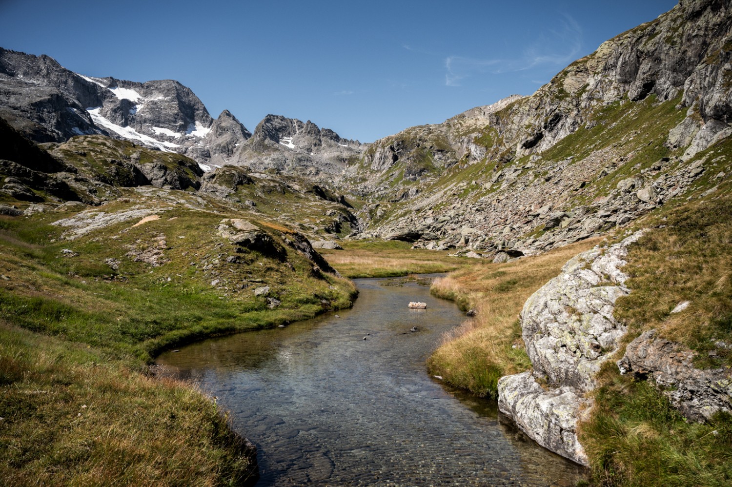 L’un des ruisseaux du plateau, qui se jettent ensuite dans la rivière de Bavona. Photo: Jon Guler