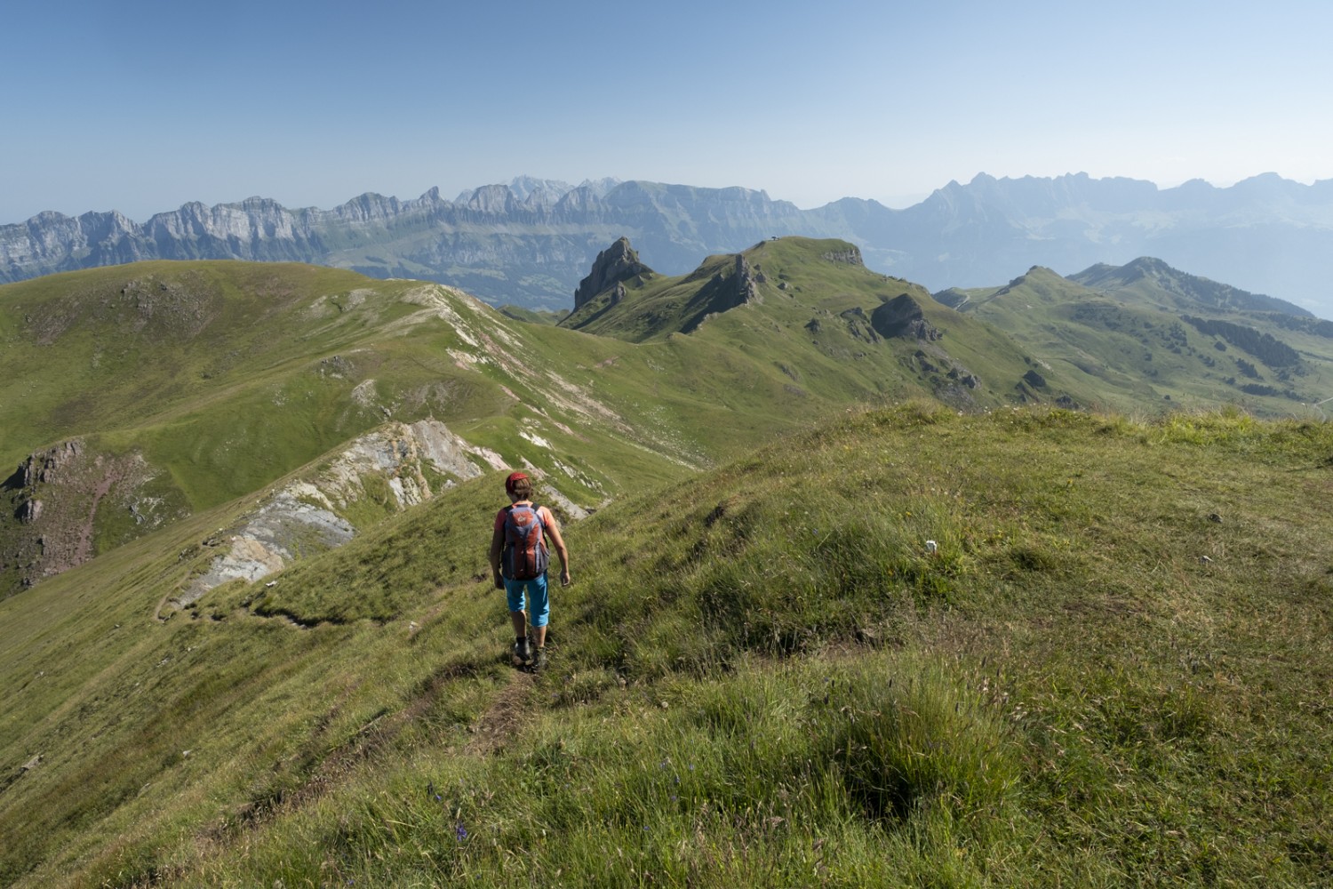 Le deuxième jour est plus court et plus facile. Le chemin traverse flancs et crêtes verdoyantes, offrant de belles vues sur les Churfirsten jusqu’à la destination du Maschgenkamm. Photo: Markus Ruff