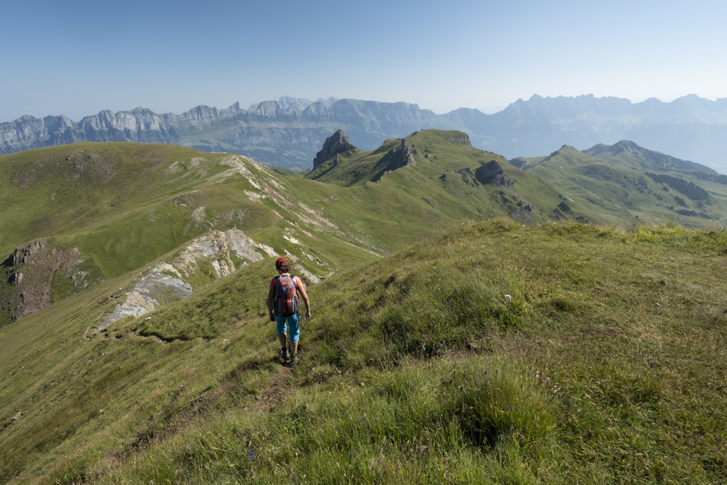 Le deuxième jour est plus court et plus facile. Le chemin traverse flancs et crêtes verdoyantes, offrant de belles vues sur les Churfirsten jusqu’à la destination du Maschgenkamm. Photo: Markus Ruff