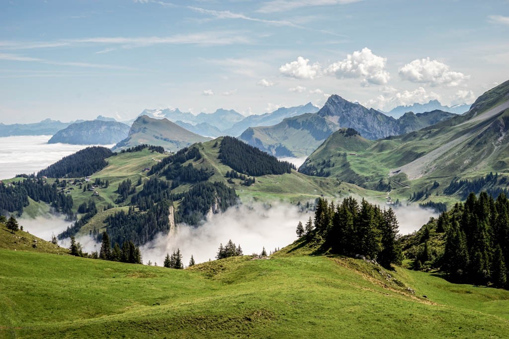 Vue sur le Niederbauen Chulm (à gauche) et le Glärnisch au loin, depuis les contreforts de Bärenfallen. À droite s’élève la pointe de l’Oberbauenstock. Photo: Fredy Joss