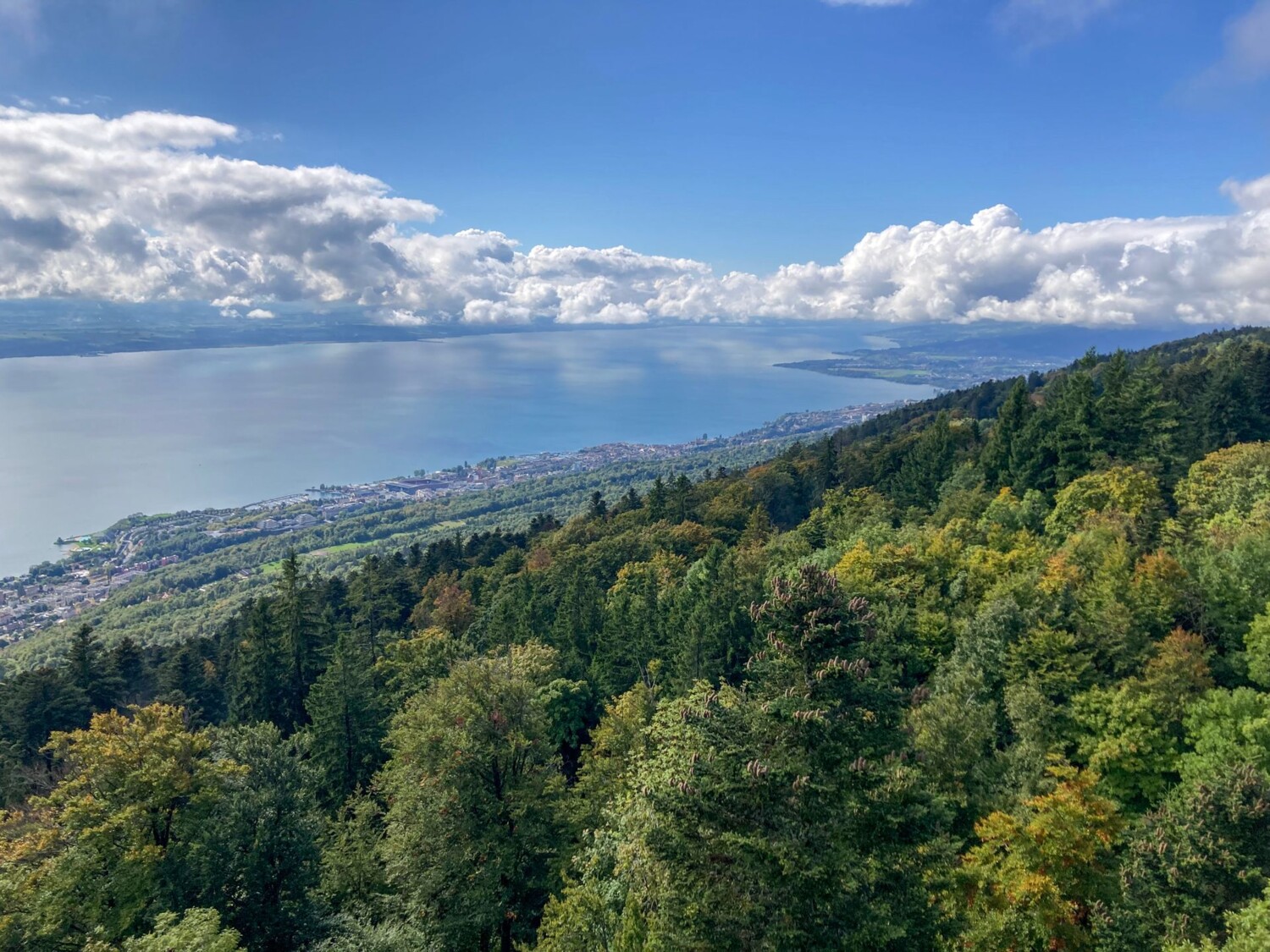 Aussicht über den Neuenburgersee vom Turm auf dem Chaumont.
