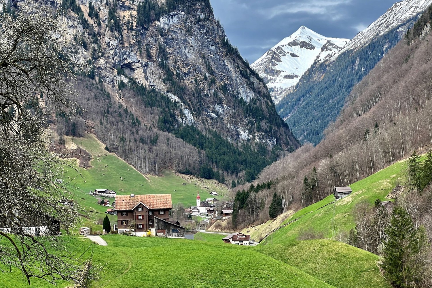 Vue sur le vilage d’Isenthal, avec le Risetenstock enneigé en arrière-plan.