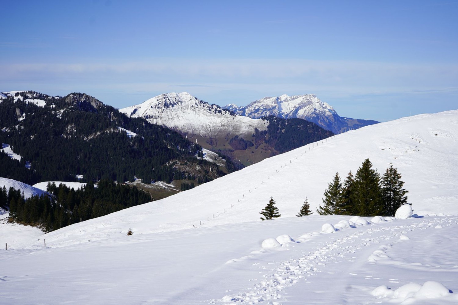 La couche de neige est fine, mais elle suffit pour une randonnée en raquettes.