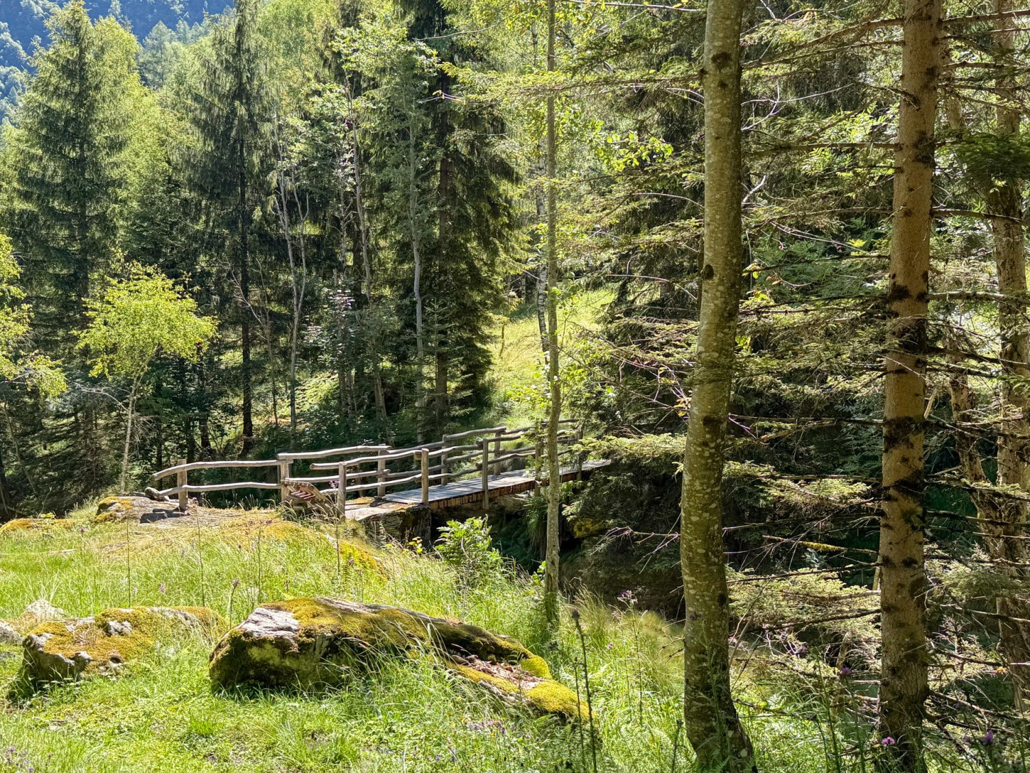 Holzbrücke über den kleinen Bergbach Ri d’Arnau