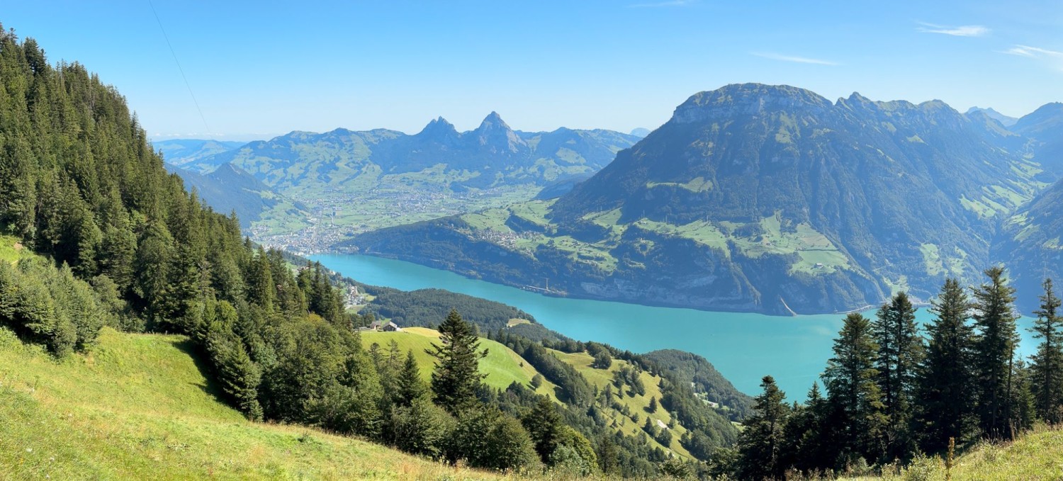 Oberhalb der Weid mit Blick auf die Mythen, den Urnersee und den Fronalpstock.