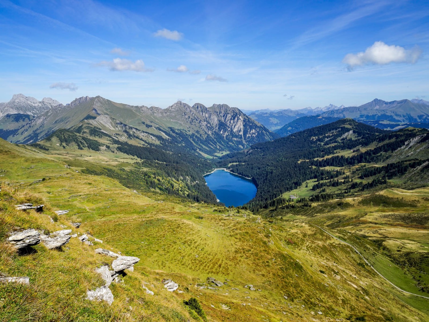 Wie ein dunkles Auge liegt der Arnensee eingebettet in ein weites Tal. Bild: Fredy Joss