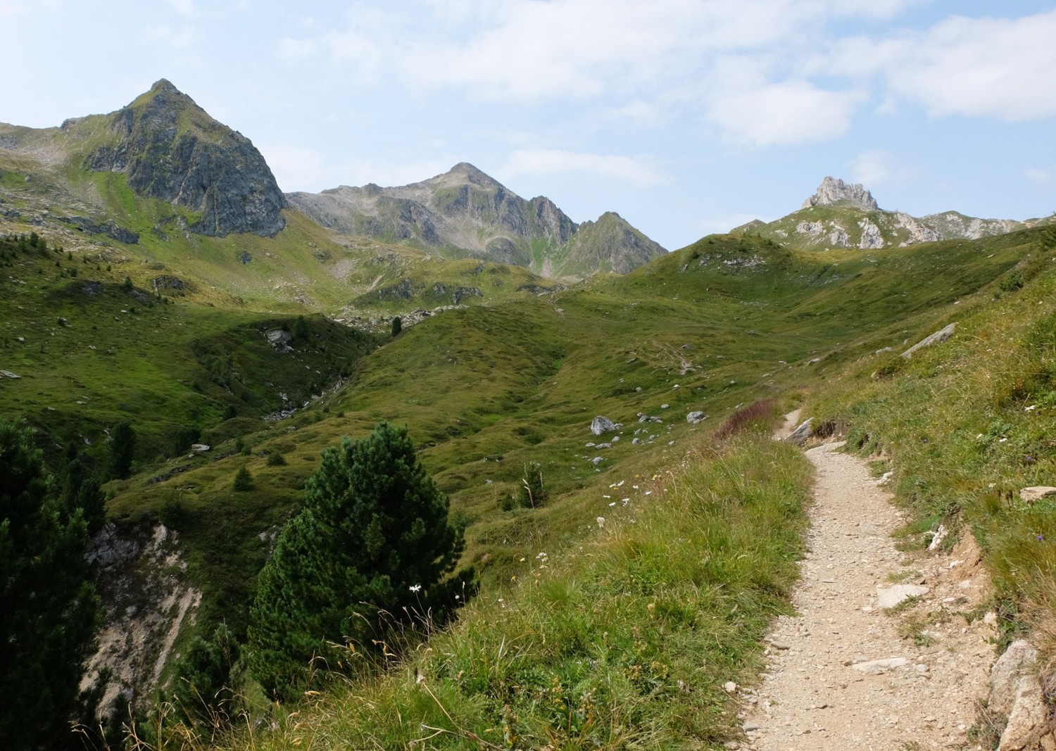 Wandern über karge Alpen, den Bergspitzen entgegen: Die üppigen Wälder hat man hinter sich gelassen.