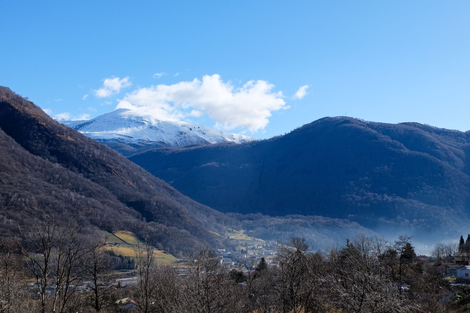 Ab und zu gibt der Wald die Sicht frei auf die umliegenden schneebedeckten Berge.